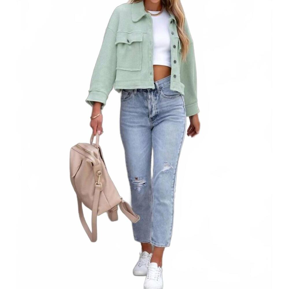 NEW LILY CLOTHING waffle crop jacket in mint green
